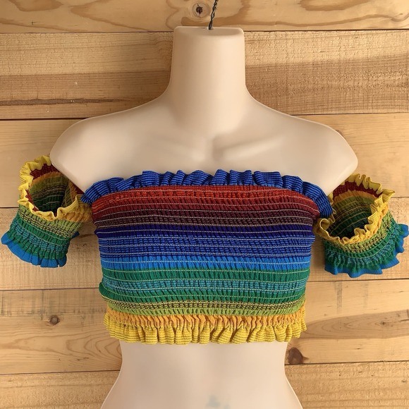 Forever 21 Tops - Forever 21 M Off Shoulder Top Cropped Bandeau Rainbow Festival‎ Fairycore Ruffle